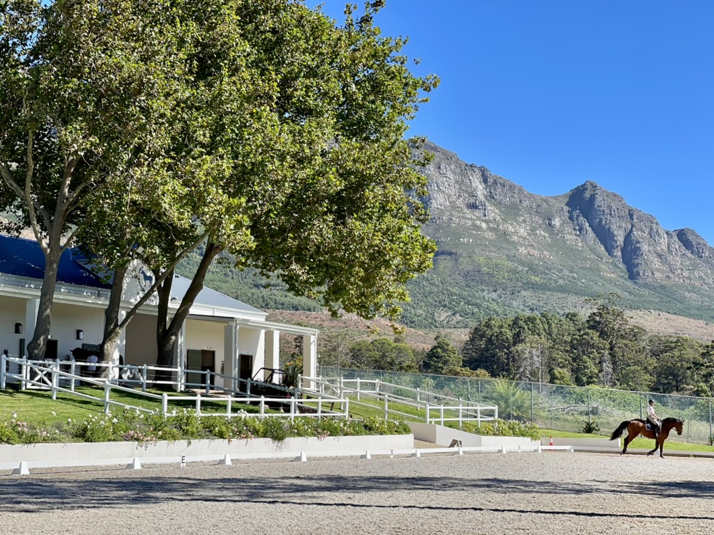 Bentgrass Stables dressage arena with mountain backdrop