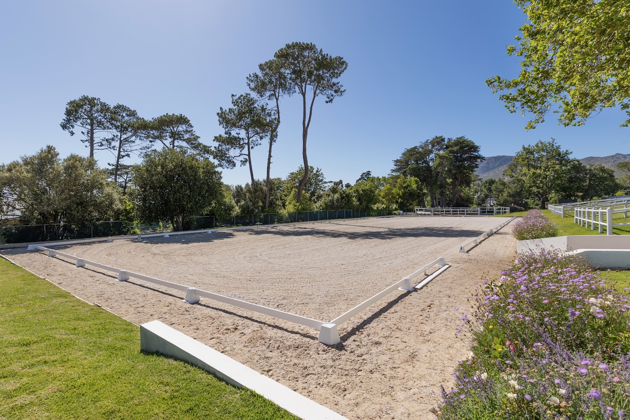 Empty dressage arena with purple flowers along the edge and trees in background