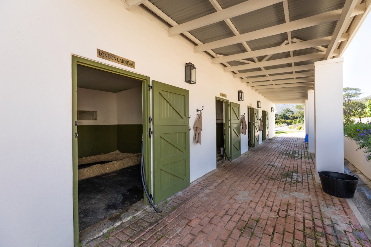 Interior stable corridor with green doors and brick flooring showing professional horse stalls