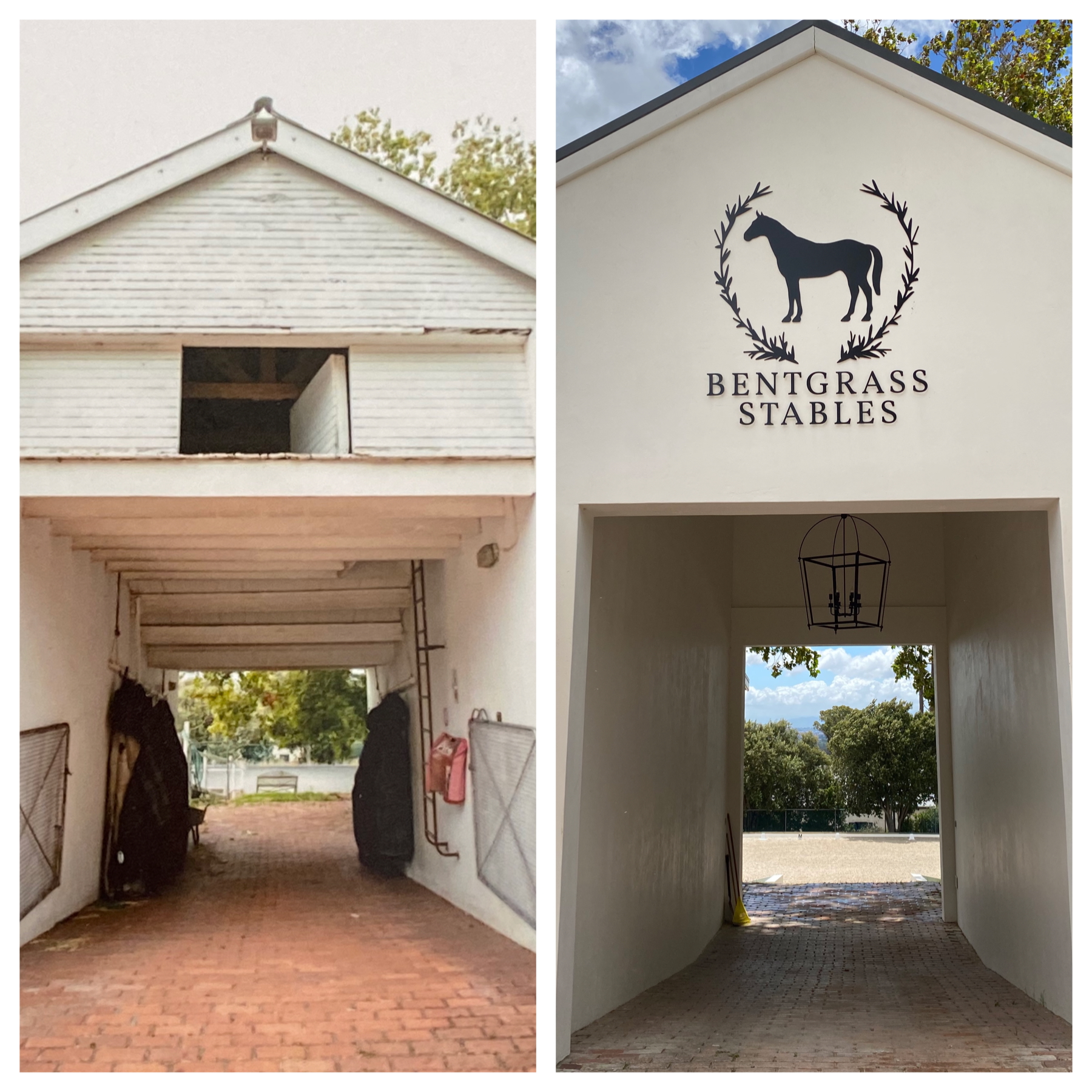 Before and after renovation of the main barn entrance showing transformation from deteriorated state to modern Bentgrass Stables facility