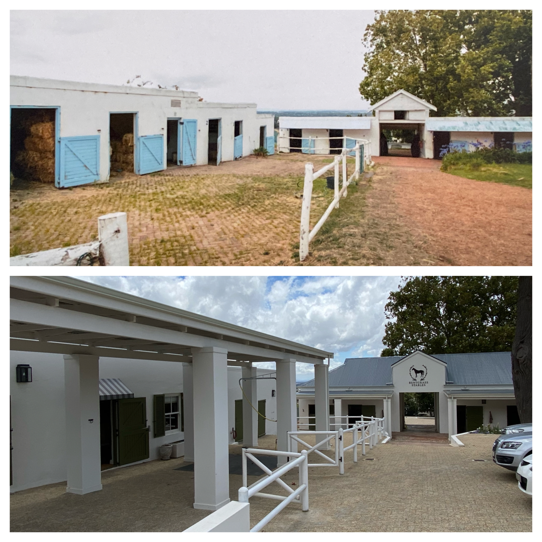 Stable area before and after renovation showing upgrade from basic facilities to covered professional stables